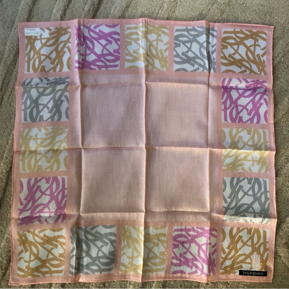 New Yves Saint Laurent Bandana Handkerchief Scarf YSL Logo All Over Color Block